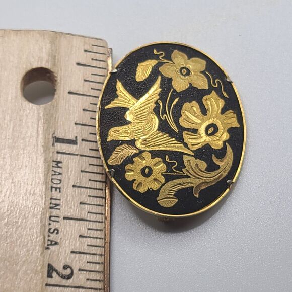 Vintage 1950s Damascene Brooch Pin Birds Flowers Leaves Oval Dome Trombone Clasp